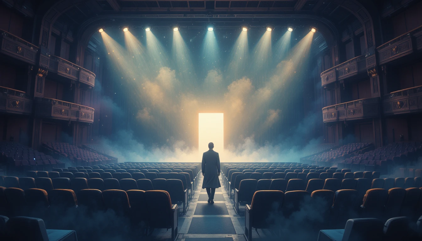 Surreal illustration of a person walking away from an empty theater stage toward a doorway of light, symbolizing freedom from validation and approval-seeking