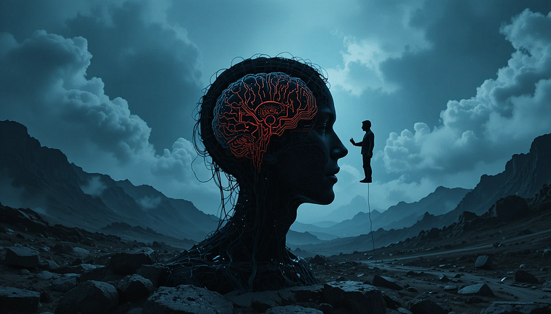 Surreal illustration of a human head with a circuit board brain and a metallic hand, representing the dark, unaligned intelligence of powerful AI models.